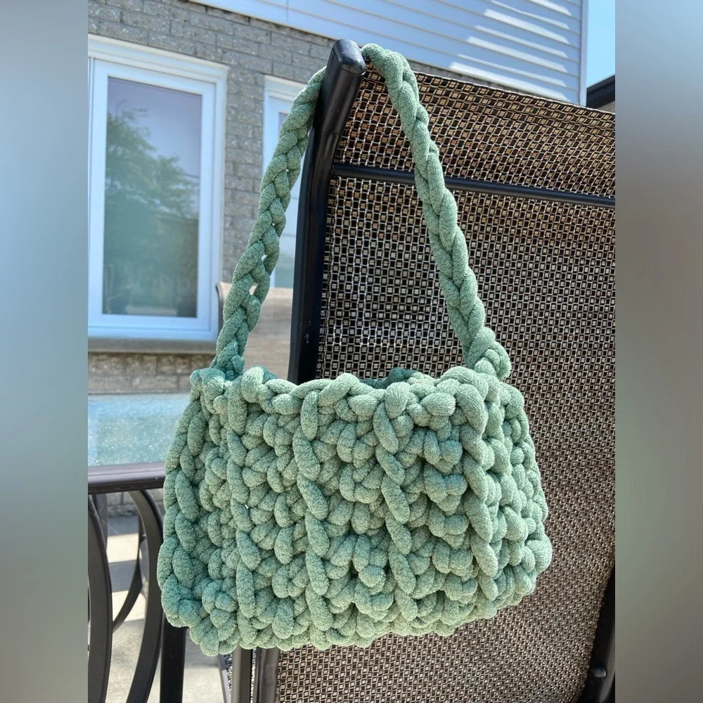 Green plush handmade crochet mini shoulder bag 💚